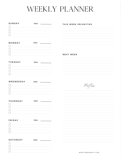 Non Dated Weekly Planner | Printable
