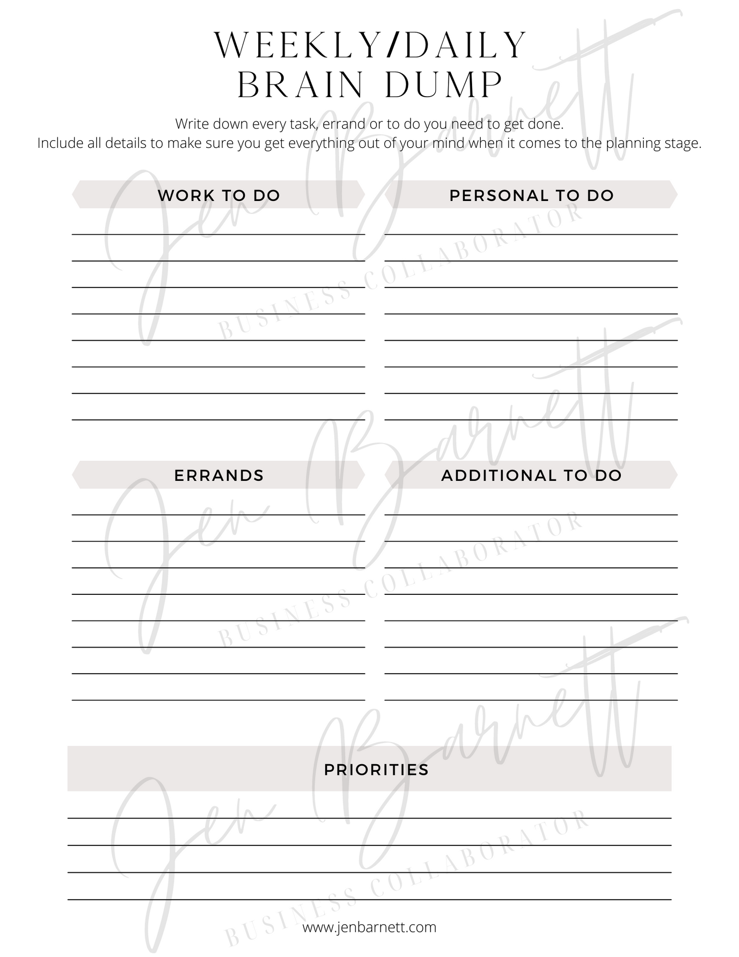 Daily/Weekly Brain Dump Document | DIGITAL DOWNLOAD